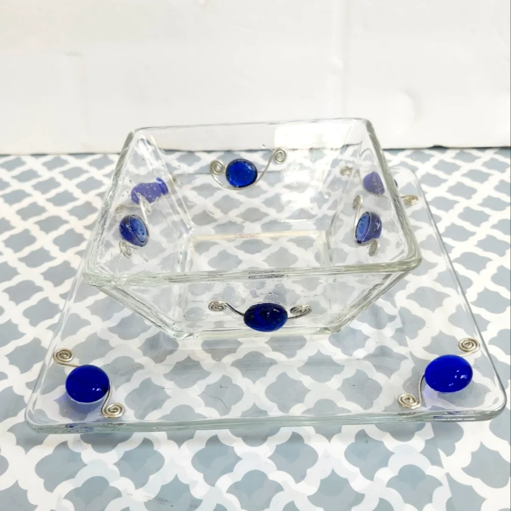 Elegant Glass Bowl and Plate Set with Blue Accents